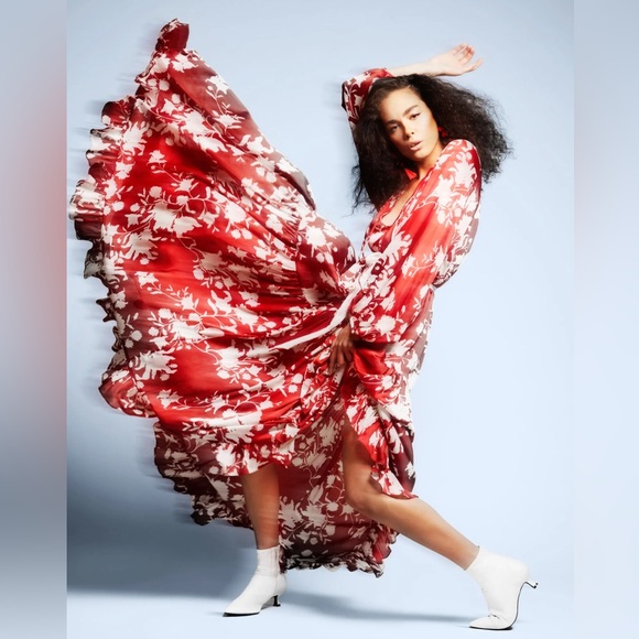 JOHANNA ORTIZ x H&M Voluminous Satin Maxi Dress in Red/Wild Roses - Picture 7 of 16